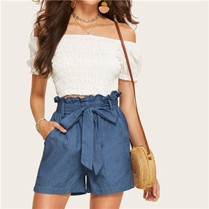 SHEIN Casual Blue Paperbag Waist Twin Pocket Patched Belted Denim Shorts Women Summer 2019 High Waist Wide Leg Solid Shorts