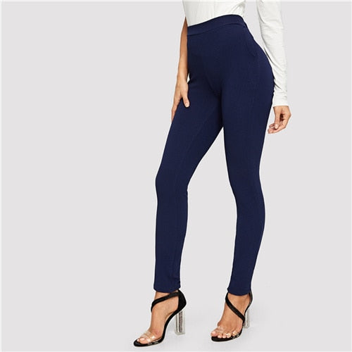 SHEIN Elastic Waist Mid Waist Skinny Trousers Autumn Office Lady Elegant Slim Fit Vertical Women Pencil Pants