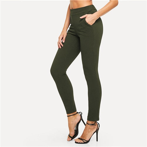 SHEIN Elastic Waist Mid Waist Skinny Trousers Autumn Office Lady Elegant Slim Fit Vertical Women Pencil Pants