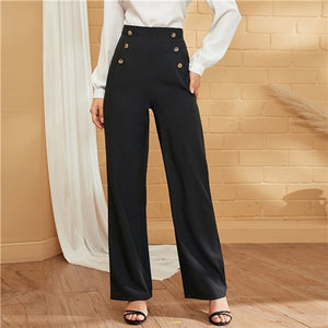 SHEIN Green Double-breasted Straight Leg Solid Long Pants Women Autumn High Waist Straight Leg Office Ladies Elegant Trousers