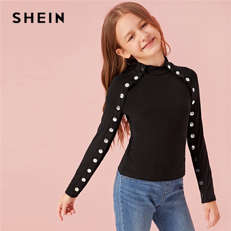 SHEIN Kiddie Black Stand Collar Buttoned Trim Casual Tee Kids Top 2019 Autumn Solid Long Sleeve Form Fitted Children T-Shirts