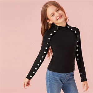 SHEIN Kiddie Black Stand Collar Buttoned Trim Casual Tee Kids Top 2019 Autumn Solid Long Sleeve Form Fitted Children T-Shirts