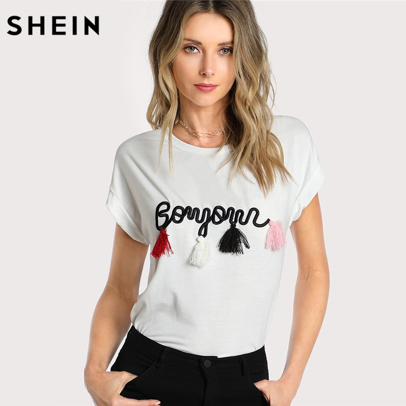 SHEIN T shirt Women Tops Summer O-neck T shirt Batwing Sleeve Tassel Detail Embroidery Dolman Top White Short Sleeve T-shirt