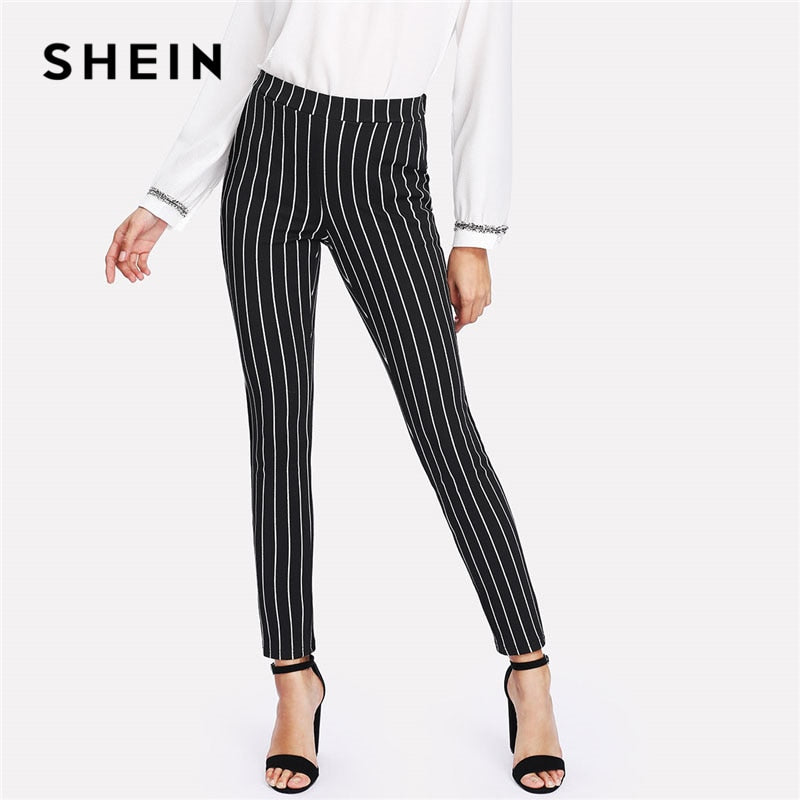 SHEIN Vertical Striped Skinny Pants Women Elastic Waist Pocket