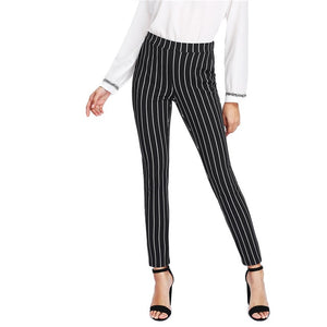 SHEIN Vertical Striped Skinny Pants Women Elastic Waist Pocket