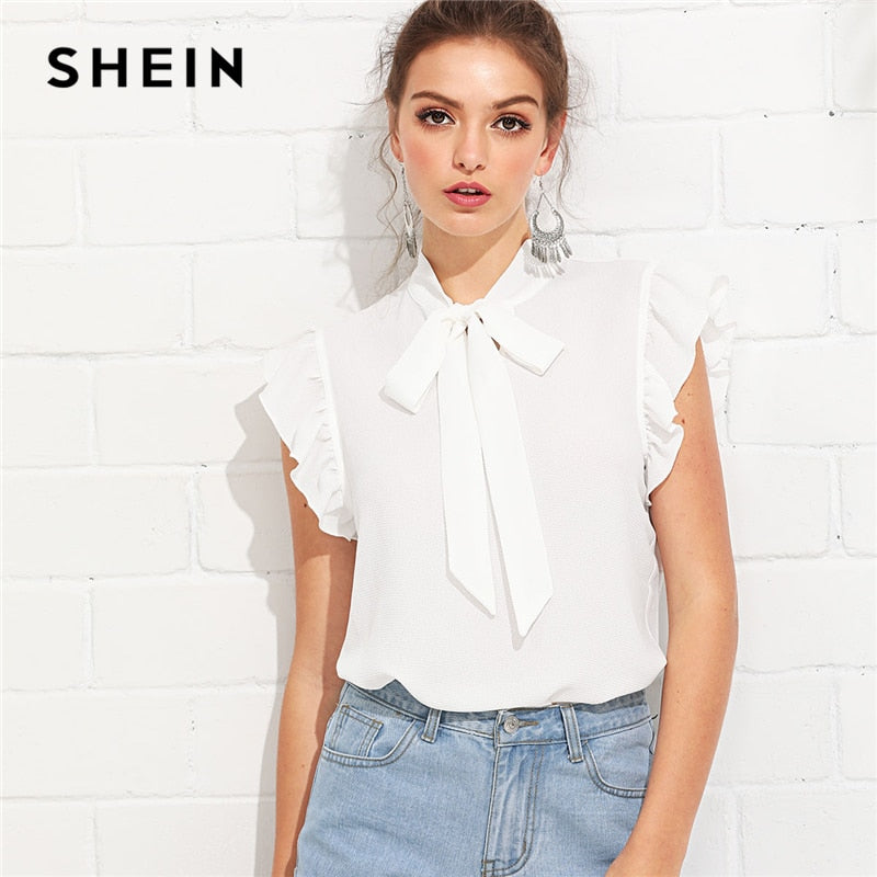 SHEIN White Elegant Workwear Flounce Shoulder Tied Neck Stand Collar Ruffle Blouse Summer Women Weekend Casual Shirt Top