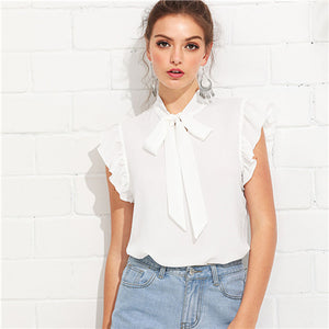 SHEIN White Elegant Workwear Flounce Shoulder Tied Neck Stand Collar Ruffle Blouse Summer Women Weekend Casual Shirt Top