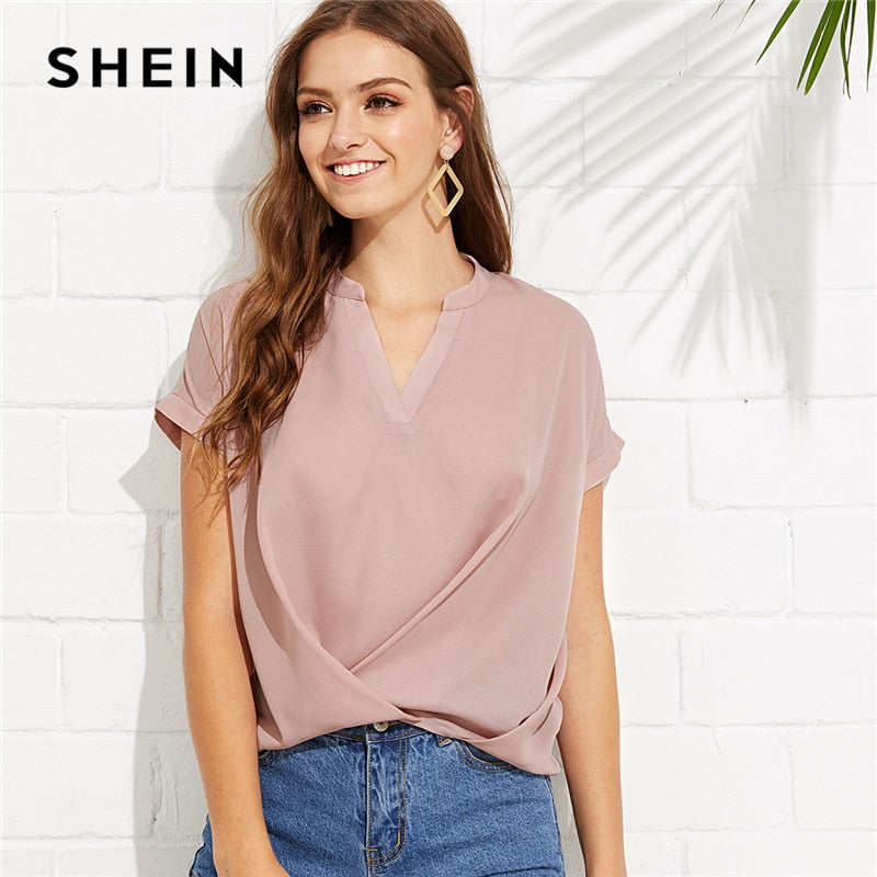 SHEIN Pink Elegant Workwear Draped V Neck Stand Collar Short