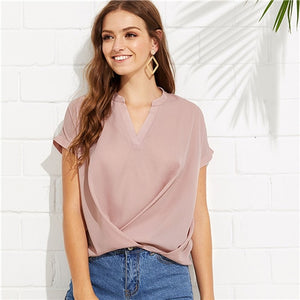 SHEIN Pink Elegant Workwear Draped V Neck Stand Collar Short