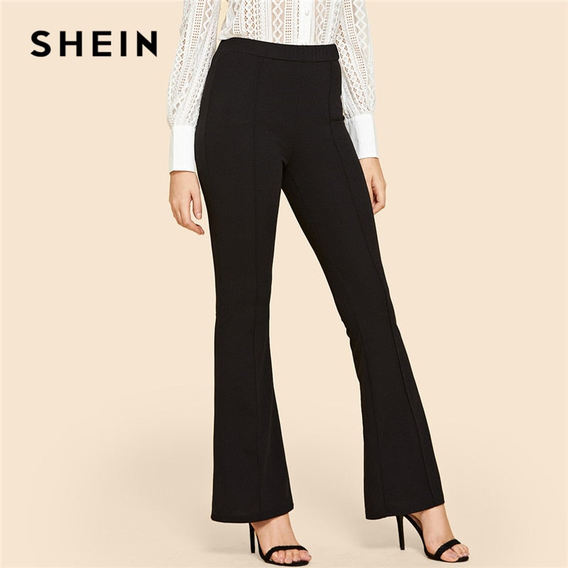 SHEIN Black Vintage Solid Contrast Binding Flare Leg Elastic Waist