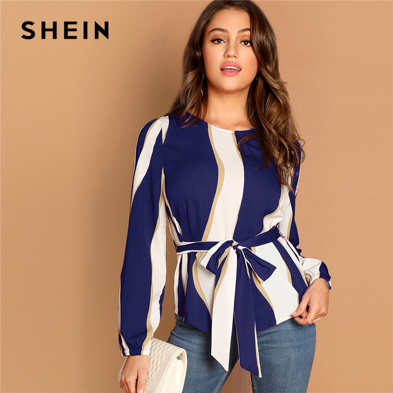 SHEIN Modern Lady Navy Self Belted Striped Scoop Neck Shirt Pullovers Top Women Streetwear Autumn Minimalist Elegant Blouse