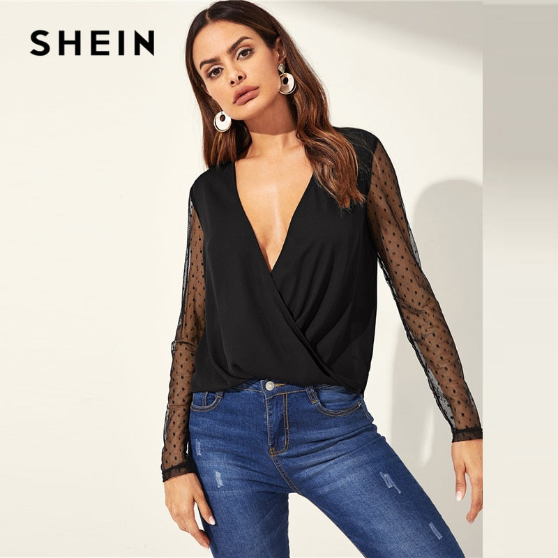 SHEIN Sexy Black Deep V Neck Dot Contrast Mesh Sleeve Wrap Sheer Shirt Long Sleeve Blouse Women Night Out Spring Top Blouses