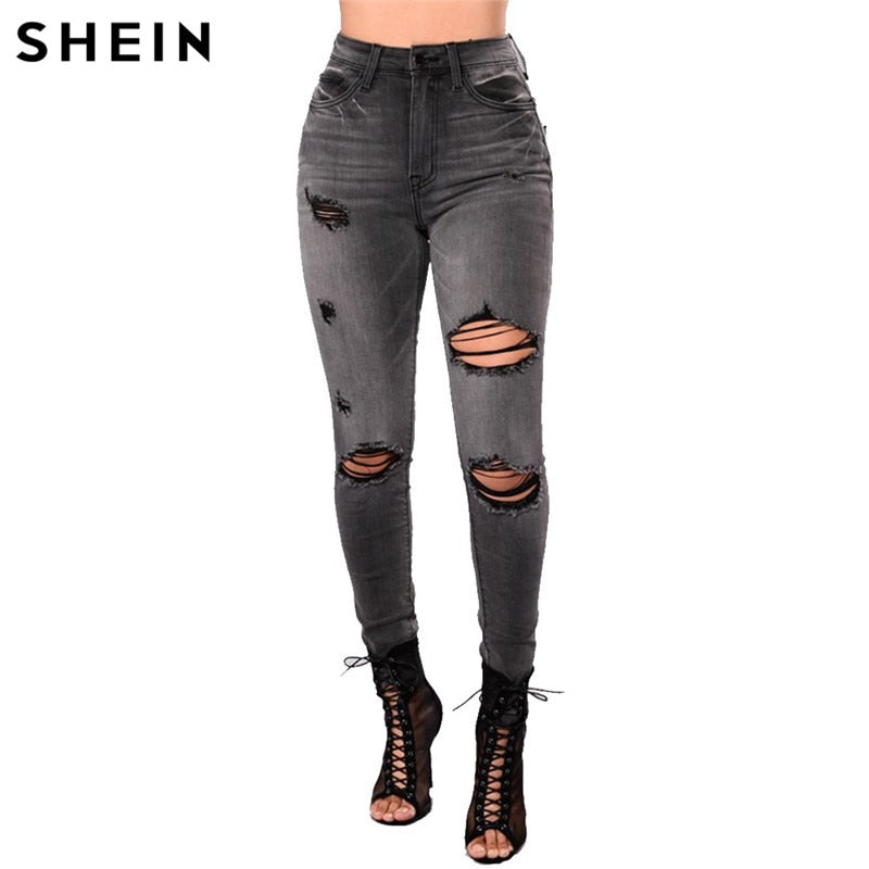 SHEIN Grey Shredded High Waist Jeans Ripped Jeans For Women