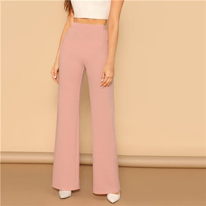 SHEIN Pink Elastic High Waist Straight Leg Solid Long Pants Women Trousers Office Lady Spring Elegant Workwear Wide Leg Pants