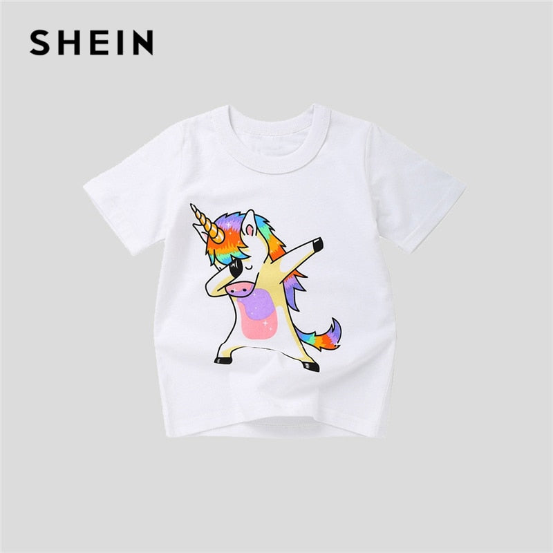 SHEIN White Toddler Animal Print Casual Cute Boys Kids T Shirt Girls Tops 2019 Summer Short Sleeve Girls Shirts Cartoon Tee