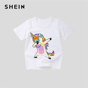 SHEIN White Toddler Animal Print Casual Cute Boys Kids T Shirt Girls Tops 2019 Summer Short Sleeve Girls Shirts Cartoon Tee