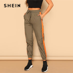 SHEIN Army Green Drawstring Waist Contrast Tape Side Utility Capris Pants Women Spring 2019 Casual Pocket Belted Trousers