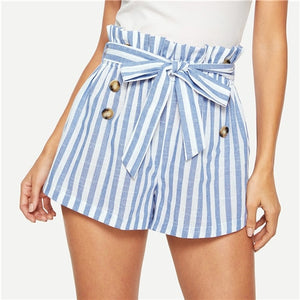 SHEIN Blue or Green Paper-bag Pleated Waist Buttoned Belt Knot Striped Shorts Women Summer Highstreet Preppy Casual Mini Shorts