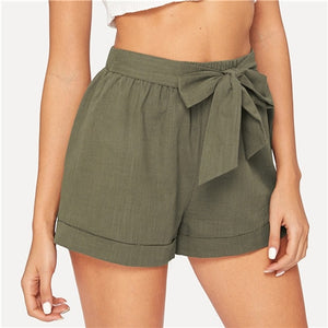 SHEIN Self Belted Elastic Waist Shorts Fitness Swish Women Army Green Solid Mid Waist Shorts 2019 Fashion Summer Shorts