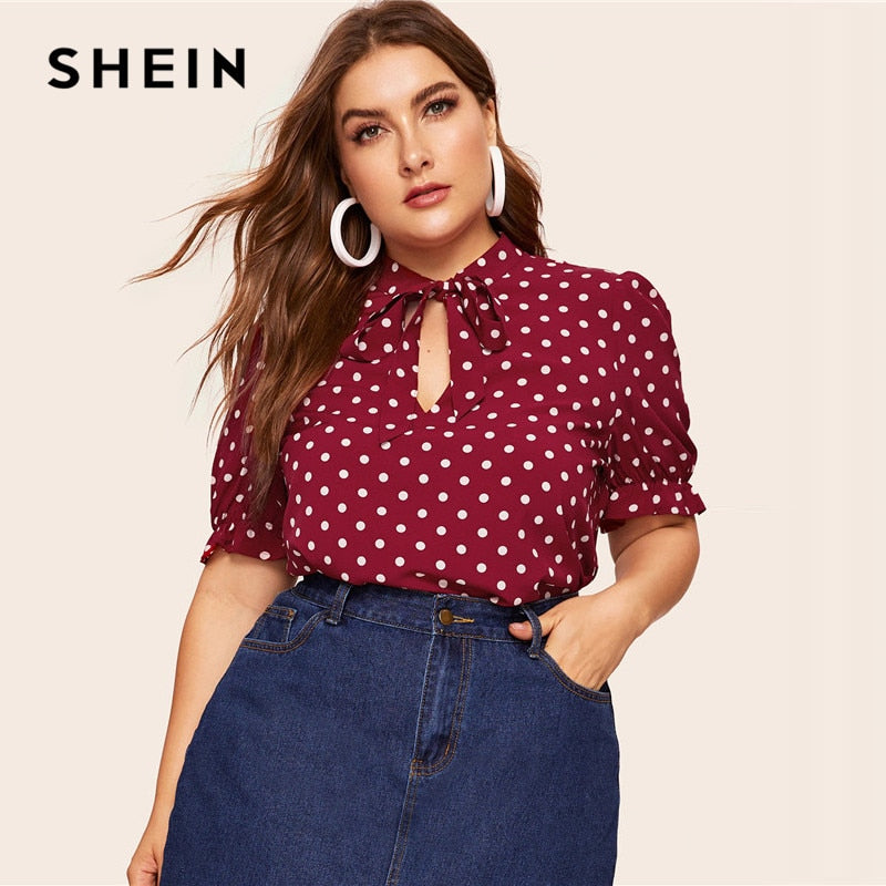 SHEIN Plus Size Burgundy Polka Dot Tie Neck Top Blouse Women