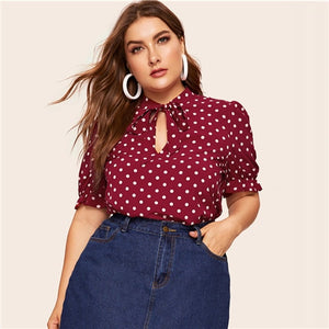 SHEIN Plus Size Burgundy Polka Dot Tie Neck Top Blouse Women