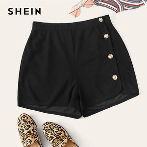 SHEIN Plus Size Black Buttoned Side Shorts 2019 Women Spring Summer Buttons Fly Elegant Office Wear Without Pockets Plus Shorts