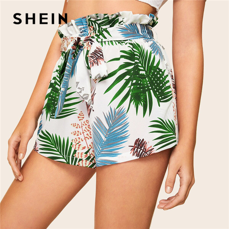 SHEIN Paperbag Waist Tropical Print Summer Shorts Women Beach