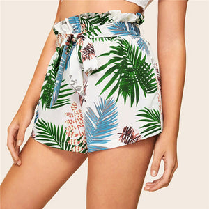 SHEIN Paperbag Waist Tropical Print Summer Shorts Women Beach