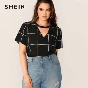 SHEIN Plus Size Black Grid Keyhole Back Choker Neck Plaid Top Blouse 2019 Women Summer Casual V Neck Cut Out Button Blouse Shirt