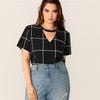 SHEIN Plus Size Black Grid Keyhole Back Choker Neck Plaid Top Blouse 2019 Women Summer Casual V Neck Cut Out Button Blouse Shirt