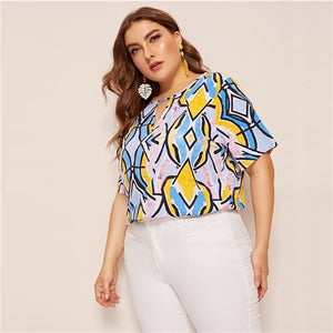 SHEIN Plus Size Allover Print V-Cut Front Top Blouse Women