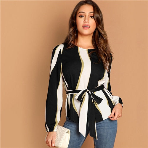 SHEIN Modern Lady Navy Self Belted Striped Scoop Neck Shirt Pullovers Top Women Streetwear Autumn Minimalist Elegant Blouse