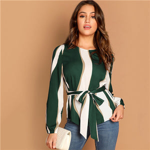 SHEIN Modern Lady Navy Self Belted Striped Scoop Neck Shirt Pullovers Top Women Streetwear Autumn Minimalist Elegant Blouse