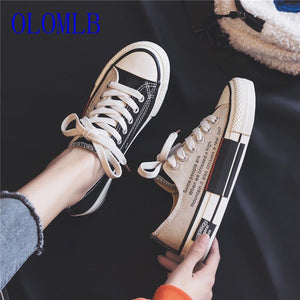 OLOMLB 2019 Canvas shoes women Lace-up Sneakers Shallow Sweing zapatillas mujer Vulcanized Flat Lovers Shoes Men Plus Size 35~44