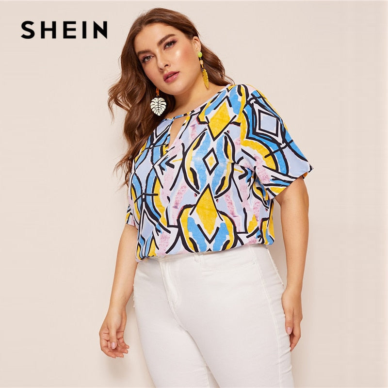 SHEIN Plus Size Allover Print V-Cut Front Top Blouse Women