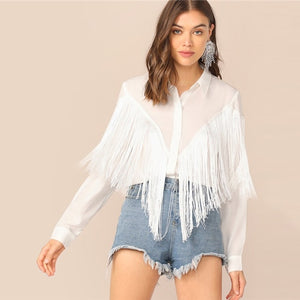 SHEIN Chevron Fringe Trim Women Shirts Ladies Tops 2019 Long Sleeve Placket Spring Summer White Blouse Casual Solid Shirt