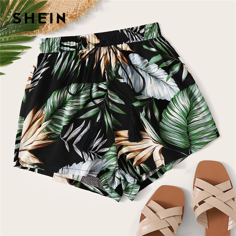 SHEIN Tropical Print Tassel Drawstring Waist Shorts Women Beach Style Bohemian Mid Waist Straight Leg Summer Casual Shorts