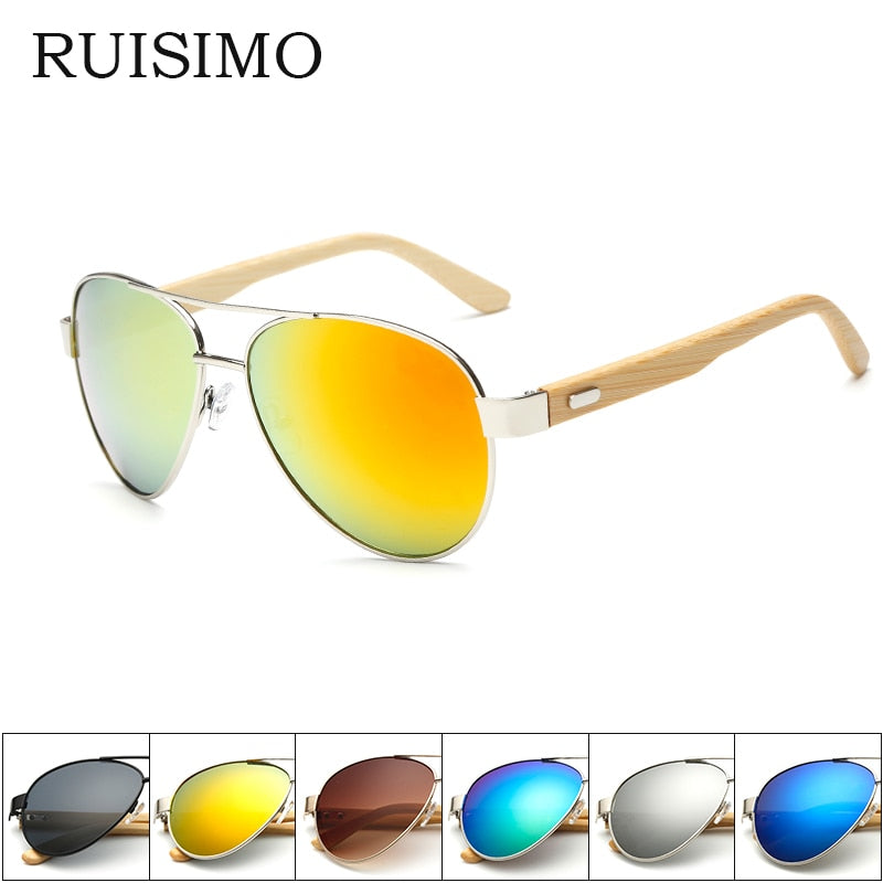 RUISIMO Bamboo pilot Sunglasses Men Wooden metal Women pilot Brand Designer Mirror Original Sun Glasses drive retro de sol