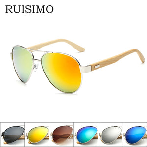 RUISIMO Bamboo pilot Sunglasses Men Wooden metal Women pilot Brand Designer Mirror Original Sun Glasses drive retro de sol