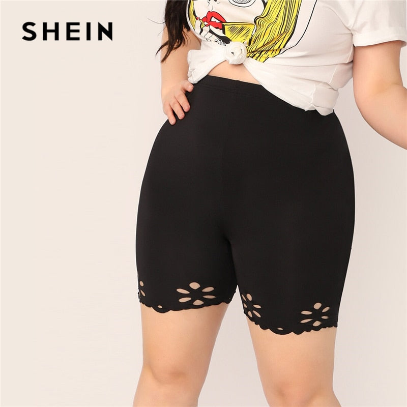 SHEIN Plus Size Black Laser Cut Cycling Shorts 2019 Women Summer