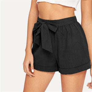 SHEIN Self Belted Elastic Waist Shorts Fitness Swish Women Army Green Solid Mid Waist Shorts 2019 Fashion Summer Shorts