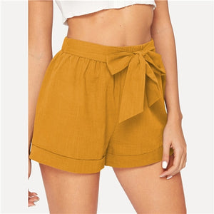 SHEIN Self Belted Elastic Waist Shorts Fitness Swish Women Army Green Solid Mid Waist Shorts 2019 Fashion Summer Shorts