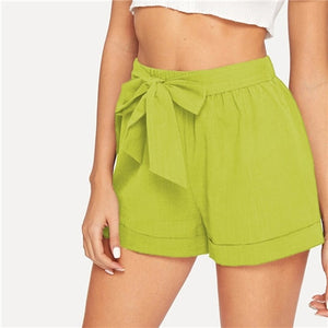 SHEIN Self Belted Elastic Waist Shorts Fitness Swish Women Army Green Solid Mid Waist Shorts 2019 Fashion Summer Shorts